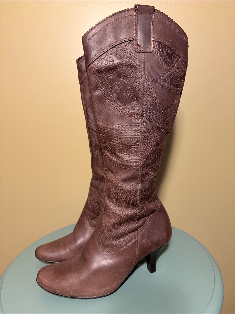 Women's Brown Embroidered Leather Tall Heeled Boots